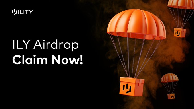 A promotional graphic displays 'ILY Airdrop Claim Now!' with the ILY logo, featuring orange parachutes dropping boxes against a smoky background.