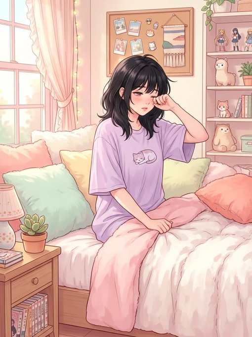 Anime-style illustration of a black-haired girl wearing a purple t-shirt with a cat design, sitting on a bed in a cozy pastel-colored bedroom.