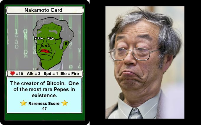 A meme comparing a 'Nakamoto Card' featuring a green Pepe-style illustration of the Bitcoin creator with a 'Rareness Score 97' to a photo of an older man with glasses.