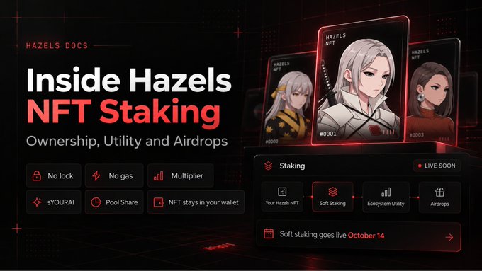 A digital graphic titled 'Inside Hazels NFT Staking: Ownership, Utility and Airdrops' displays features like 'No lock', 'No gas', and 'Multiplier', along with anime-style character cards (#001, #002, #003) and a 'LIVE SOON' staking interface noting 'Soft staking goes live October 14'.