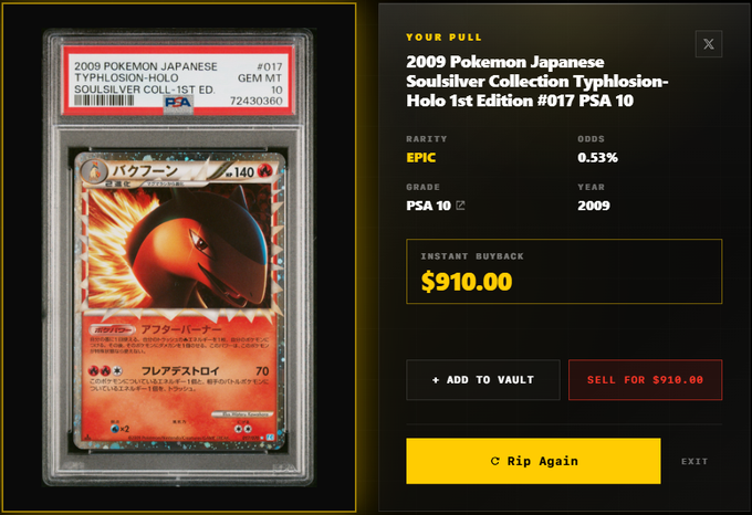 An anime collector shows off a 2009 Pokemon Japan Soulver Silver Collection Pokémon Typho-Hakei Edition P7PSA 10 card, priced at $9.90. The post states that the card has been ripped by @mnstr and is being kept in a vault for sale, with the odds of the post being true.