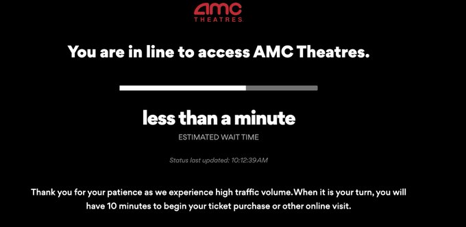 The image shows an AMC Theatres queue screen indicating "less than a minute" estimated wait time, with a status last updated at 10:12:39 AM. This relates to the post by showing high traffic on AMC's ticketing website, which the post frames as retail "apes" returning to the stock alongside a nod to a potential "on chain ecosystem" alternative to platforms like Robinhood.