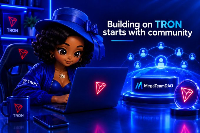 A stylized cartoon-style illustration of a woman wearing a TRON-branded blue outfit and hat working on a laptop, with the text 'Building on TRON starts with community' and 'MegaTeamDAO'.