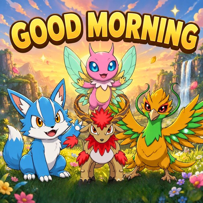 A colorful cartoon illustration of four Pokémon-like creatures (resembling Leafeon and others) in a vibrant fantasy landscape with the text "GOOD MORNING" at the top.
