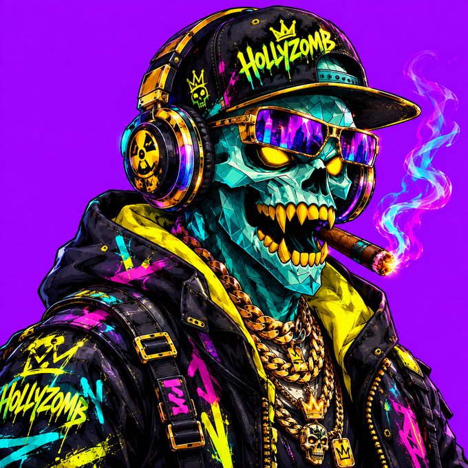 A vibrant digital illustration of a teal skull character wearing a cap labeled 'HOLLYZOMB', sunglasses, headphones, and gold chains, smoking a cigar against a purple background.