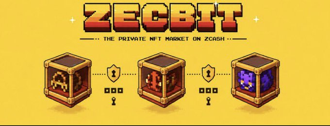 Pixel-art treasure chests labeled "ZECBIT - THE PRIVATE NFT MARKET ON ZCASH" are linked by shield and key icons, illustrating the post's point about NFTs exposing public ownership records and ZecBit's privacy-focused alternative on Zcash.