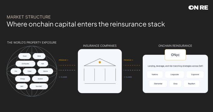 A presentation slide titled 'MARKET STRUCTURE: Where onchain capital enters the reinsurance stack' displays a diagram showing the flow of premiums and claims from 'THE WORLD'S PROPERTY EXPOSURE' (Fire, Earthquake, Flood, Marine, etc.) through 'INSURANCE COMPANIES' to 'ONCHAIN REINSURANCE' (ONyc).