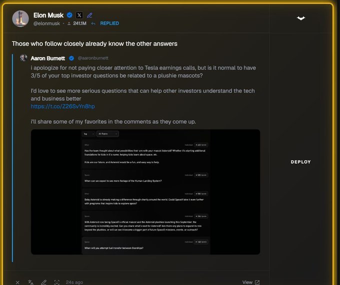 Elon Musk replied to Aaron Burnett's tweet about investor questions related to "Asteroid" mascots, hinting at future plans involving $ASTEROID.