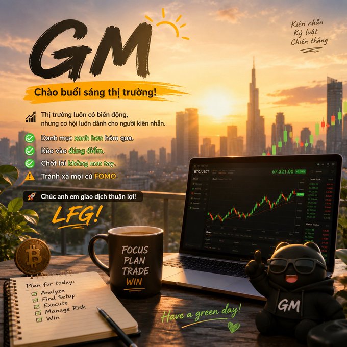 A motivational trading graphic featuring 'GM' (Good Morning) and 'LFG!' text in Vietnamese, showing a laptop with BTC/USDT charts at $67,321, a coffee mug reading 'FOCUS PLAN TRADE WIN', and a checklist for Analyze, Find Setup, Execute, Manage Risk, and Win.