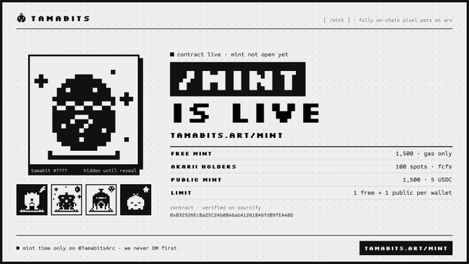 Promotional graphic for the TAMABITS NFT mint on Arc blockchain, displaying pixel-art space invader imagery alongside a large "MINT IS LIVE" header (though noting "mint not open yet"), with details including free mint for first 1,500 gas-only, 100 spots for Akarii holders, public mint at 1,500 + 5 USDC, and contract address 0x032526EcBa25C2ADB046aBA1268A6Fd99FEAA8D, complementing the post's announcement that the mint page is live while the actual mint remains unopened.