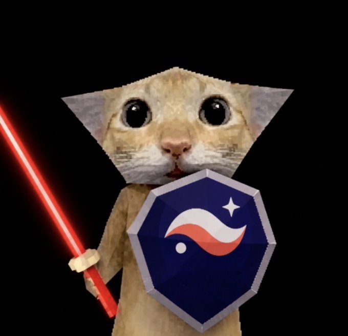 A meme image featuring a cat with a triangular head holding a red lightsaber and a blue shield with the NASA logo.