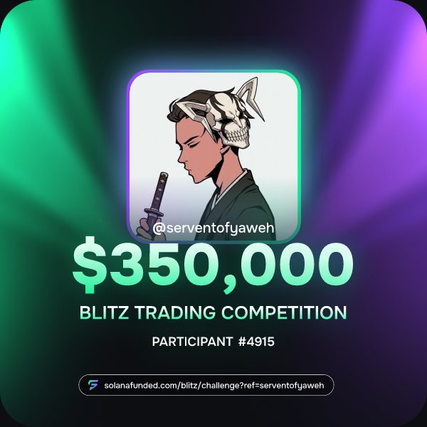 The image features a poster for a trading competition called "Blitz Trading Competition" with a man holding a sword and wearing a mask. The poster also includes a hashtag (#servingtofjawen) and a link to participate #4915, along with a description of the challenge. The post is sponsored by SolanaFunded.com, which is a crypto prop trading firm that allows traders to pay a challenge fee to prove their skills in trading the cryptocurrency solana.