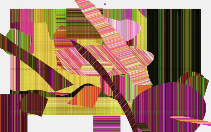 An abstract digital artwork displays fragmented shapes composed of densely packed vertical and diagonal stripes in yellow, pink, purple, and green hues.