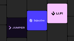 A graphic showing three square logos for cryptocurrency projects: Jumper, Injective, and L.Fi.