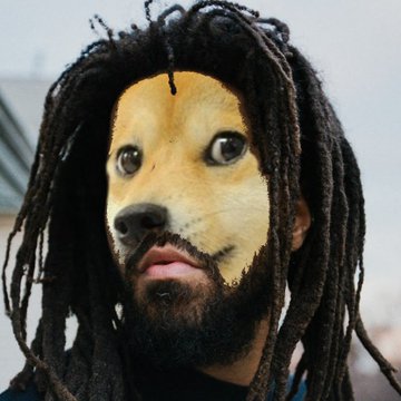 A man with long dreadlocks and a beard wears a Shiba Inu dog face filter, featuring the iconic Doge meme expression, fitting the post's "$DOGE" meme dump theme.