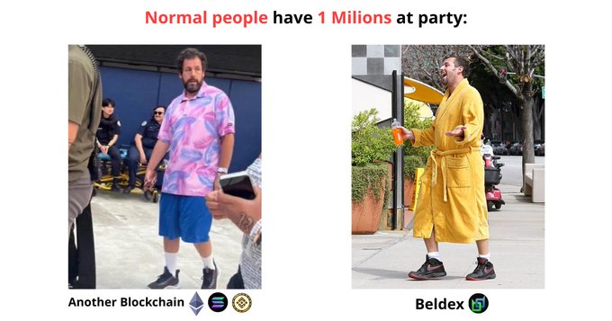 A meme comparing two crypto projects: 'Another Blockchain' (Ethereum/Solana logos) with a man in casual attire versus 'Beldex' shown by a man in a yellow robe.
