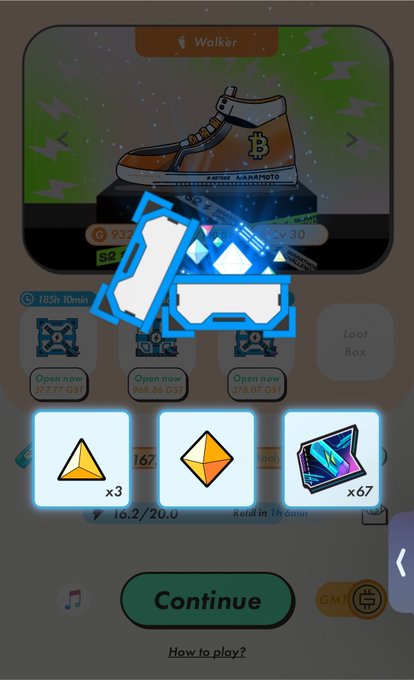 A screenshot of a mobile game interface showing a sneaker NFT, loot boxes with a countdown timer of '185h 10min', and buttons for 'Open now'.