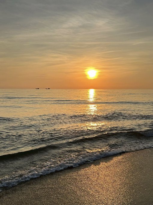 A serene sunset over the ocean with golden light reflecting on gentle waves washing onto a sandy beach.