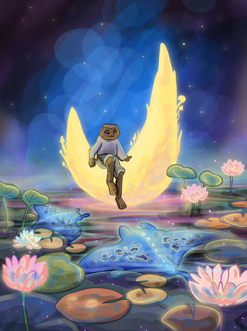A fantasy illustration of a figure sitting on a glowing yellow crescent moon above a colorful pond with lily pads and lotus flowers under a starry sky.