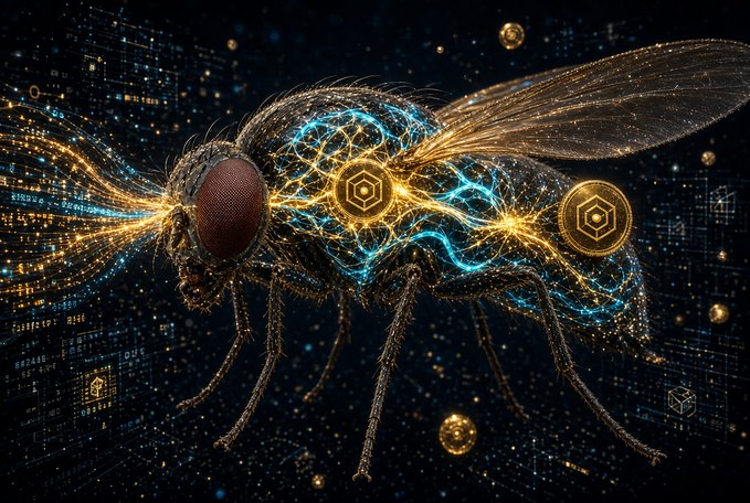 A digitally rendered fly glows with intricate blue and golden neural pathways, overlaid with blockchain-style data streams and hexagonal data nodes, symbolizing the fusion of biological consciousness and on-chain memory storage.

The image visually represents the concept of an "immortal fruit fly" whose neural state is continuously recorded on the BNB Chain, with the glowing circuitry mirroring the post's theme of transferring life's memory and continuity to the blockchain rather than the reverse.