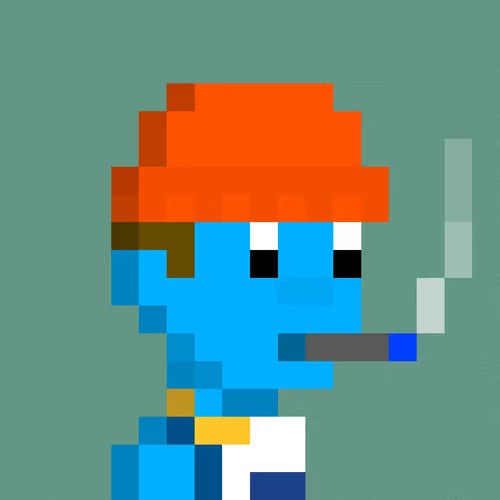 A pixel art character with blue skin, an orange helmet/hard hat, and white overalls holding a smoking cigarette against a green background.