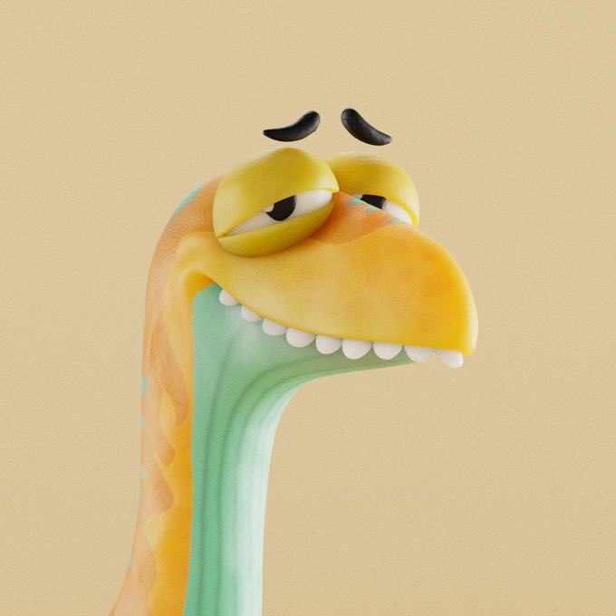 3D-rendered cartoon character resembling a yellow and teal bird or dinosaur with a skeptical, side-eye expression against a beige background.