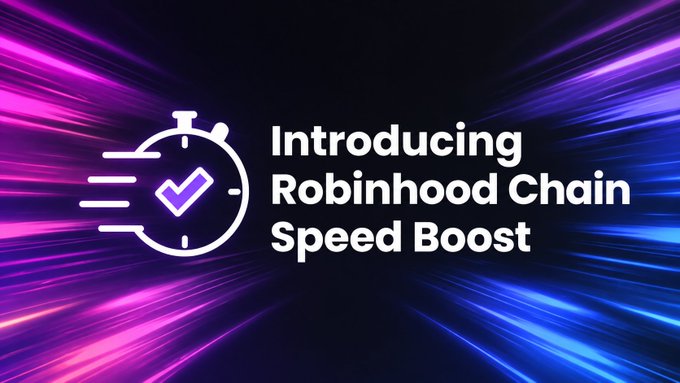 A promotional graphic announcing 'Introducing Robinhood Chain Speed Boost' with a stopwatch icon against a purple and blue light-speed background.