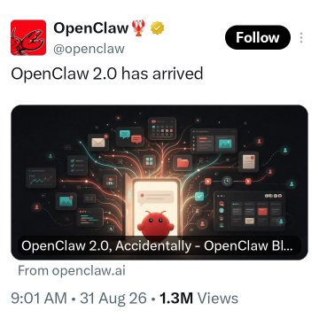 The image is a tweet from OpenClaw (@openclaw) announcing "OpenClaw 2.0 has arrived," featuring a vibrant graphic with interconnected tech elements and a red crab mascot, credited to 933 contributors with 1.3M views. The post highlights this as a monumental Pi ecosystem upgrade built through 16,000 pull requests, calling it potentially the most important SoloHost app for Pi Network.