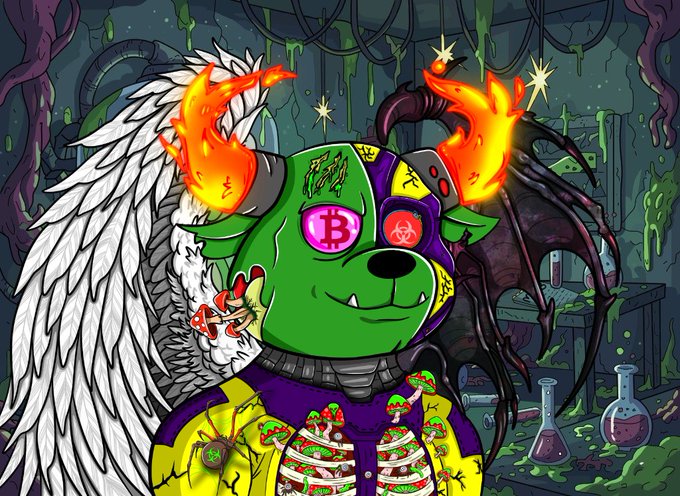 A colorful digital illustration portrays a green, Frankenstein-like creature with flaming horns, one angel wing and one demon wing, wearing a yellow jacket with a Bitcoin 'B' eye.
