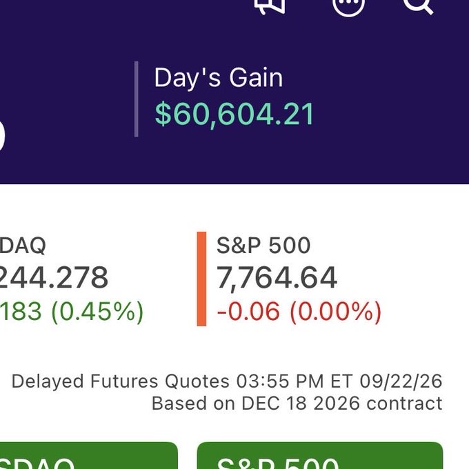 A mobile trading app screenshot displays a Day's Gain of $60,604.21 in green text, with NASDAQ at 244.278 and the S&P 500 at 7,764.64, timestamped 03:55 PM ET 09/22/26.