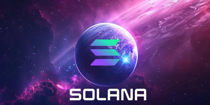 The Solana cryptocurrency logo displayed over a purple cosmic scene featuring a planet with rings and nebulae in space.