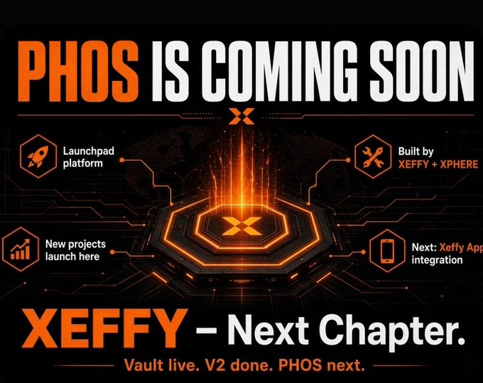A dark, futuristic promotional image reading “PHOS IS COMING SOON” and “XEFFY – Next Chapter,” with feature labels for a launchpad platform, new projects, XEFFY + XPHERE, and a forthcoming Xeffy app integration.