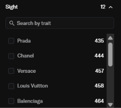 The image shows a "Sight" filter menu listing luxury brands like Prada (435), Chanel (444), Versace (457), Louis Vuitton (458), and Balenciaga (464) with a search bar for traits. It relates to the post's speculation about a collaboration with these high-end fashion brands that could potentially pump the token to 1 ETH.