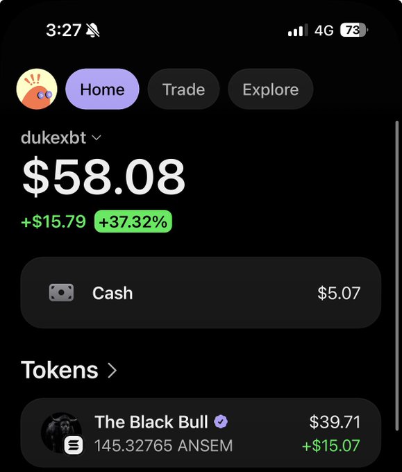 A screenshot of a crypto trading app showing the account 'dukexbt' with a portfolio value of $58.08, up $15.79 (+37.32%), with $5.07 in cash and a token called 'The Black Bull' (ANSEM) valued at $39.71, up $15.07.