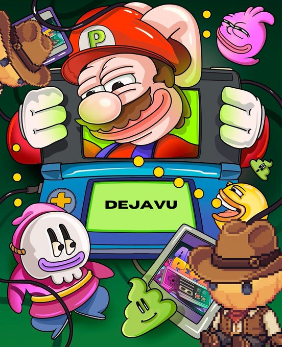 The image features a cartoon character, likely from the popular video game series Super Mario Bros., with a group of other characters surrounding him. The main character has a red hat and mustache, while his companions have various colorful outfits and accessories. They are all gathered around a blue gaming console that is open to the word "Deja_Vu" on its screen. This suggests that they might be discussing or reacting to an interesting scene from the game.