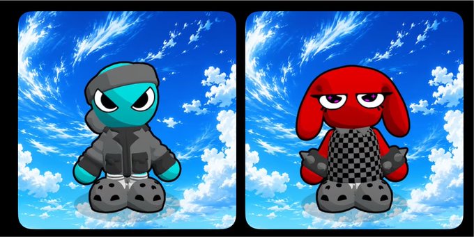 Two cartoon-style NFT characters, a cyan ninja and a red bunny, are displayed side-by-side against a blue cloudy sky backdrop. The post appears to reference "ma omens" (ma'am) as the project name, hinting at upcoming developments from the team.