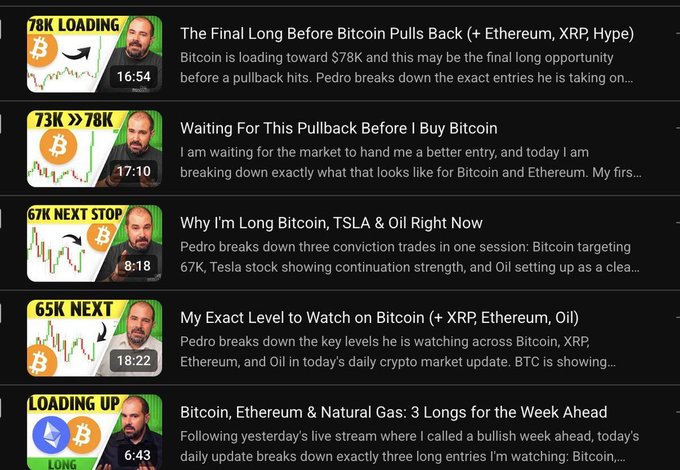 A YouTube playlist from a channel featuring videos about Bitcoin, Ethereum, and XRP trading, with thumbnails showing price targets like '78K LOADING', '73K >> 78K', '67K NEXT STOP', and '65K NEXT'.