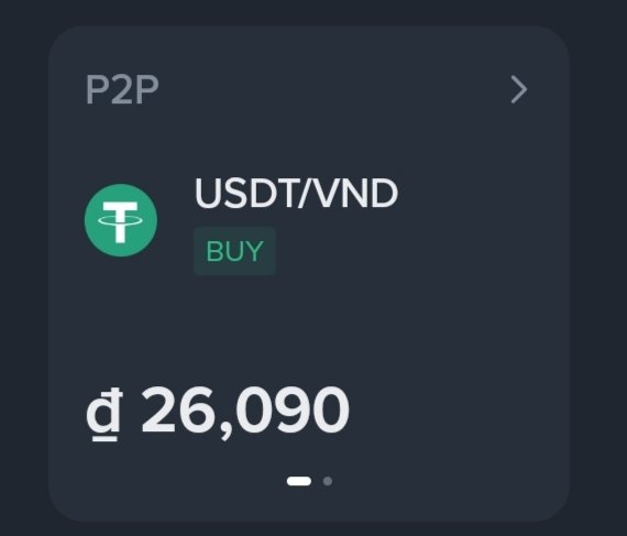 A dark-themed mobile app screen for P2P trading showing a USDT/VND buy offer at a price of ₫ 26,090, with the green Tether (USDT) logo.