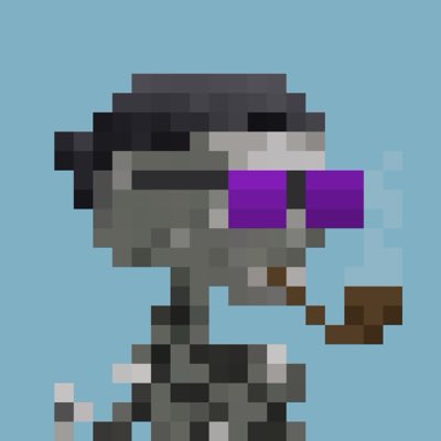 A pixelated side-view illustration of a gray and white character with a purple band over one eye, wearing a brown earring and smoking a brown pipe against a blue background.