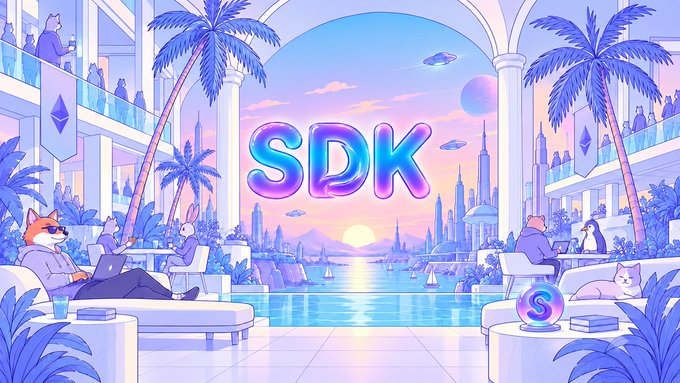 The illustration features a futuristic, pastel-hued lounge scene with anthropomorphic characters (foxes, rabbits, and more) relaxing alongside the bold, glowing "SDK" text, with an "S" logo displayed nearby — visually representing the launch of the official Fusing SDK as a developer-friendly gateway to the Fusing launchpad.