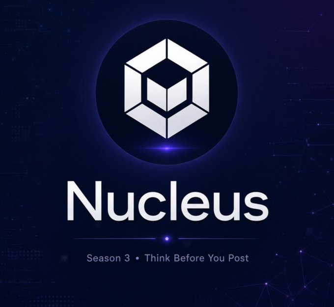 A logo for 'Nucleus' with a hexagonal icon, tagged 'Season 3 • Think Before You Post' on a dark blue background.