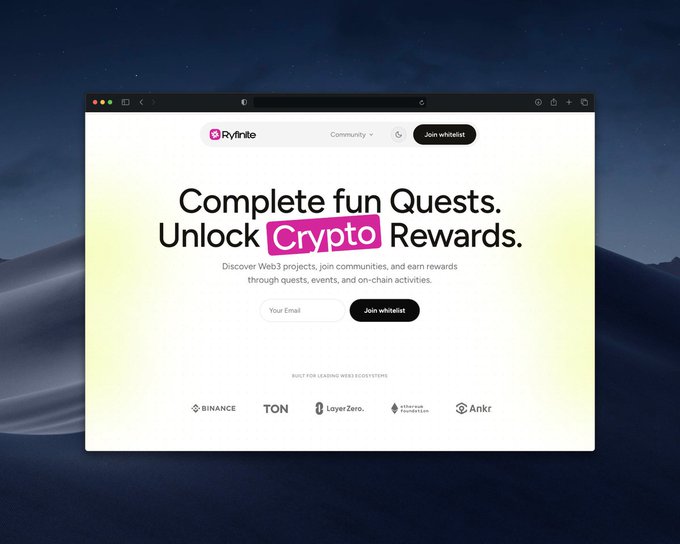 The Rylinite website landing page displays "Complete fun Quests. Unlock Crypto Rewards" with a whitelist sign-up form and partnerships from Binance, TON, LayerZero, Chainbase Foundation, and Ankr, promoting the open whitelist mentioned in the post.