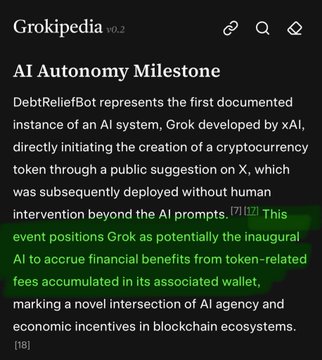 A screenshot from Grokipedia v0.2 describing an 'AI Autonomy Milestone' regarding DebtRelieFBot, with text highlighted in green discussing Grok's role in creating a cryptocurrency token on X.