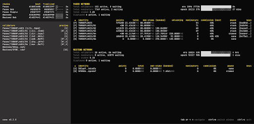 A terminal interface of "Suno v1.2.0" displays validator operations for a Polkadot node, showing menu options for Chores, Validators, TPS, and Storage, along with fused network metrics (305 active, 0 waiting) and a list of 9 validators including one named "Pablo" with various session keys and addresses. The main panel shows detailed performance data such as blocks produced, points, and session information, illustrating Suno's capability as mentioned in the post to manage validator operations like staking and session keys without needing RPC endpoints.