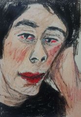 An expressionist painting of a face with dark hair, pale skin, flushed cheeks, and red lips, rendered in a rough, painterly style.