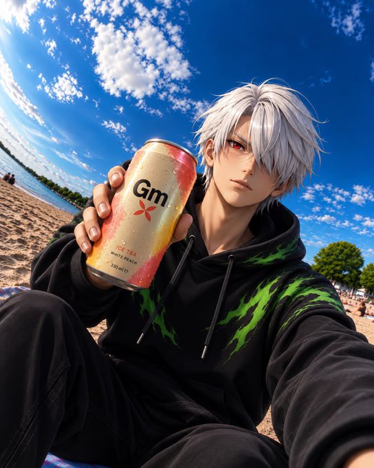 A silver-haired anime-style character in a black hoodie sits on the beach holding up a can labeled "Gm ICE TEA WHITE PEACH" toward the camera, visually greeting the community and tying into the post's "Good Morning" trading chat.