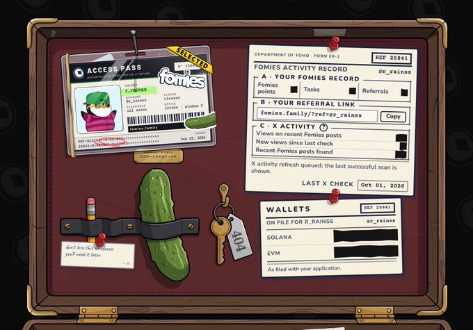 A digital illustration of a Fomies access pass and activity record on a suitcase-style background, displaying a referral link (fomies.family/?ref=or_rainas), Famies points, task status, and Solana/EVM wallet information for user or_rainas.