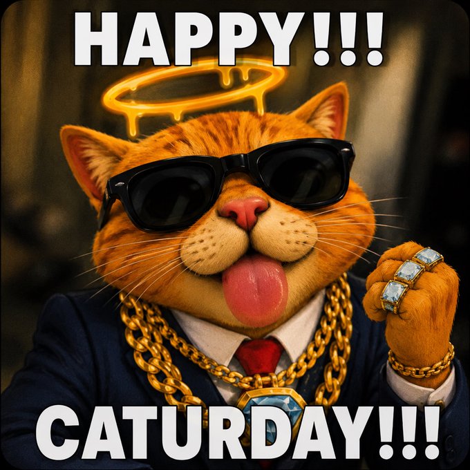 A humorous digital image of a cat wearing sunglasses, a gold chain, and a suit with a halo and rings, featuring the text 'HAPPY!!! CATURDAY!!!'
