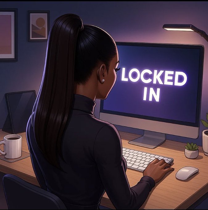A woman with a high ponytail sits focused at her desk in a dimly lit room, staring at a glowing monitor displaying "LOCKED IN" while working on a keyboard and mouse. The image visualizes the post's call for a focused, productive week with only 10 days left in the @NomismaNetwork campaign.