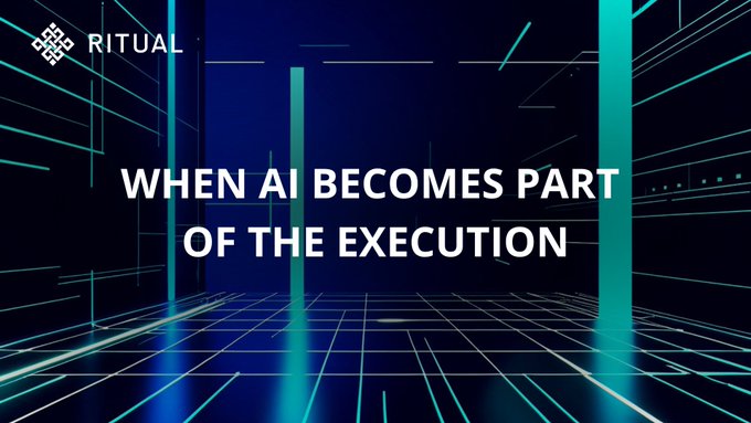 A dark blue digital landscape with neon teal grid lines and pillars displays the Ritual logo and the text "WHEN AI BECOMES PART OF THE EXECUTION," visually reinforcing the post's theme of integrating AI directly into trade execution on the Ritual testnet.